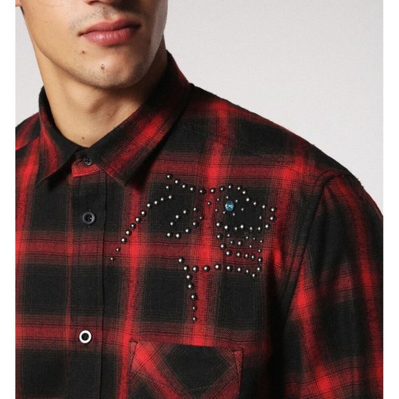 $228 Diesel Men’s Prof Shirt Long Sleeves Red Black Check Size XL - Picture 4 of 7